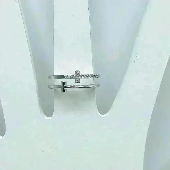 Silver Double Cross Rhinestones Ring Size 7 - Picture 2 of 8